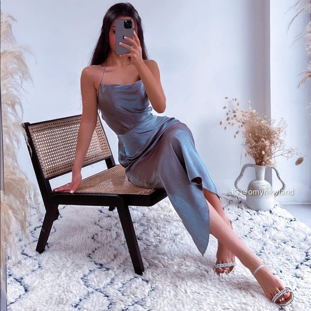 ZARA Silver Metallic Back Laced Slip Dress - Picture 2 of 15